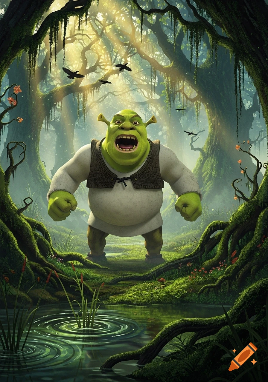 Shrek roars, standing in a lush, mossy fantasy forest with sunbeams shining through the trees and a small pond in the foreground.