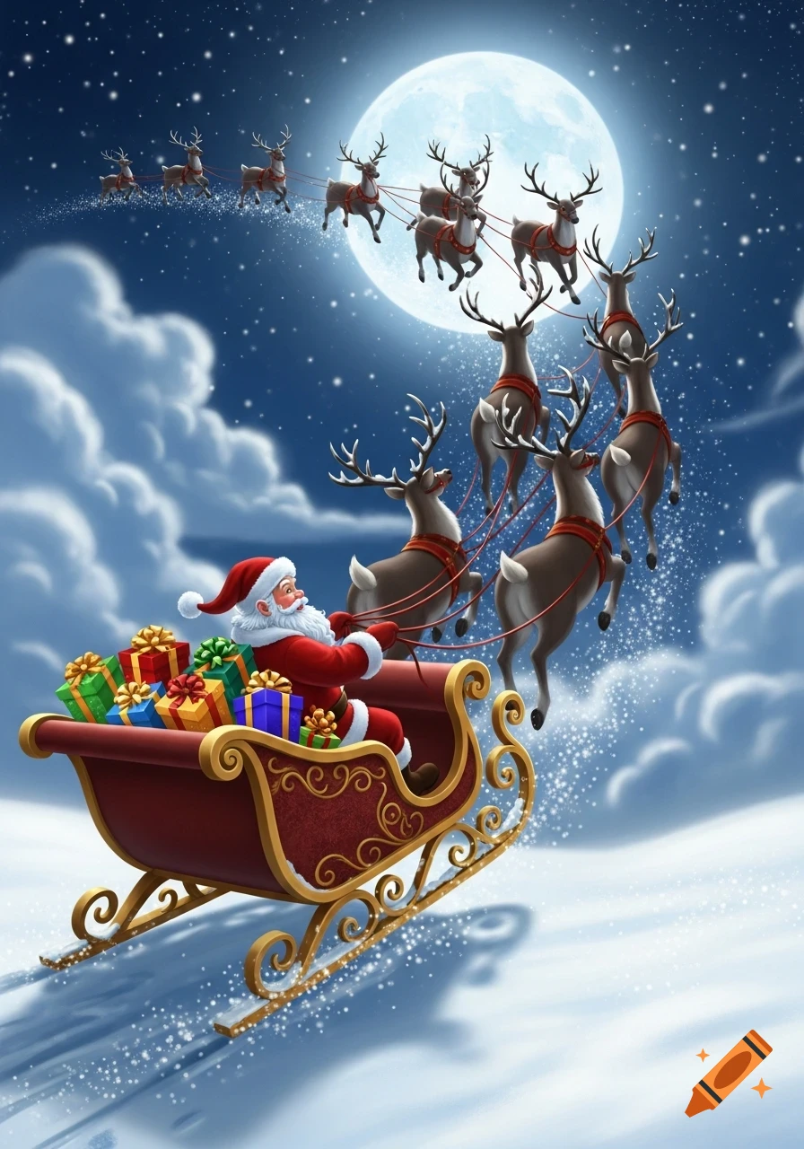 Santa Claus in his sleigh, pulled by reindeer, flying across a full moonlit night sky, carrying gifts.