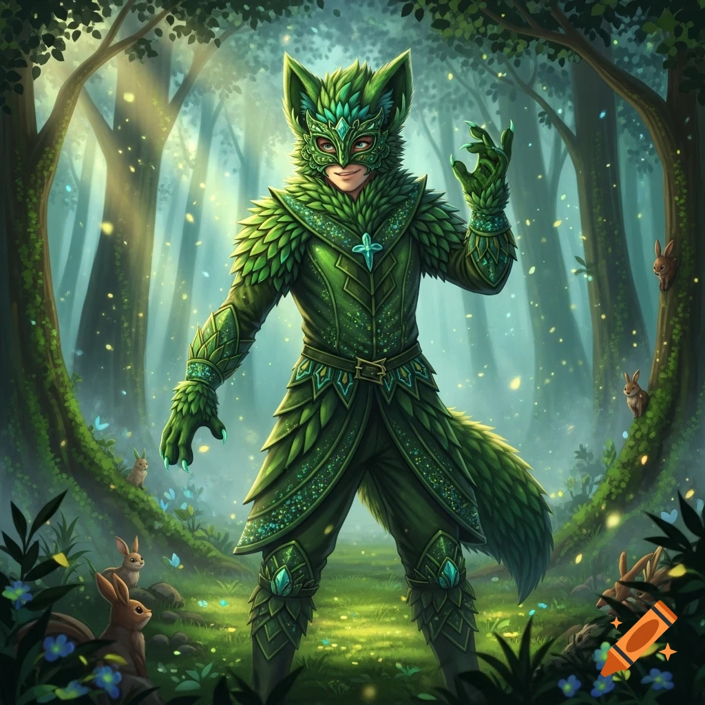 A person in a vibrant green, leafy fursuit with a fox-like mask stands in a magical forest among rabbits.