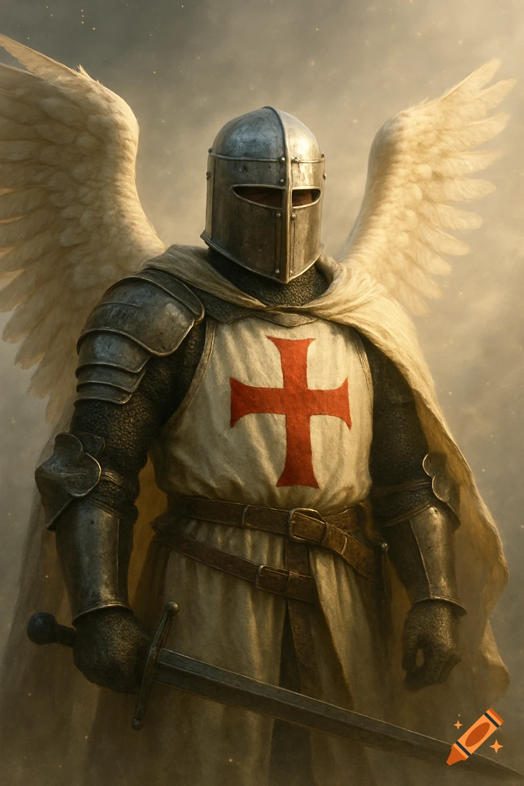 A realistic Templar knight in full armor, with a red cross on a white tunic, large white angel wings, and holding a sword.