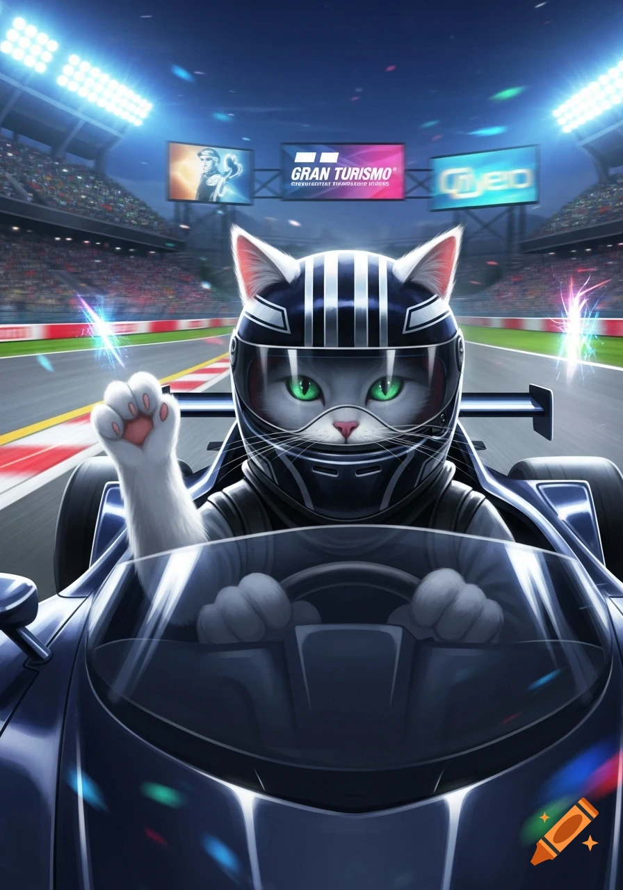 Cartoon cat wearing a racing helmet drives a dark blue formula-style race car on a track with stadium lights and "Gran Turismo" signs.