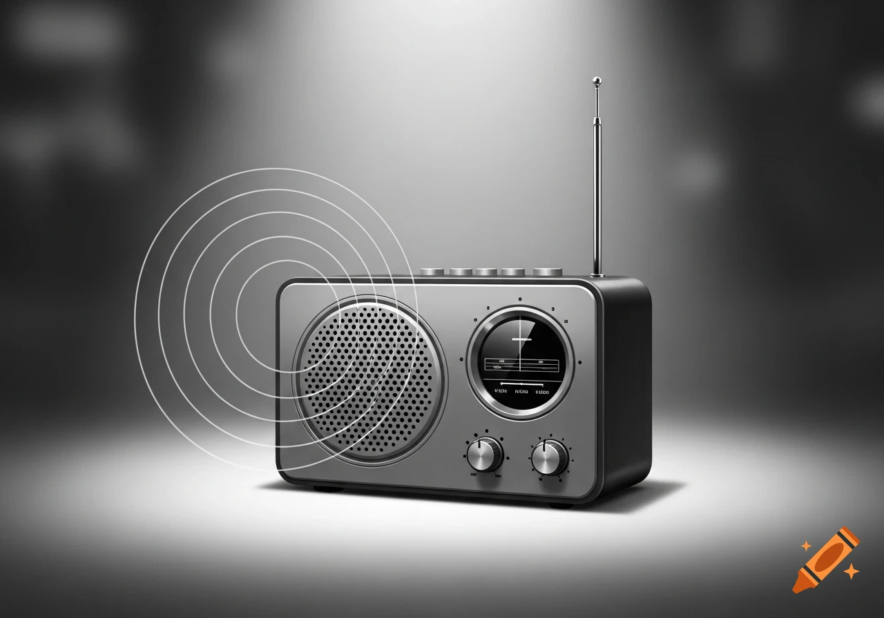 Silver and black retro-futuristic radio with an antenna and signal waves on a grayscale background.