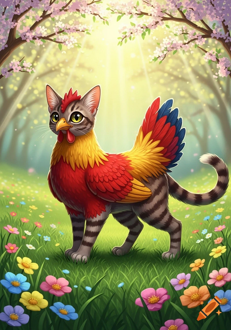 A whimsical cat-chicken hybrid with a tabby cat head, rooster features, and colorful feathers stands in a vibrant flowery meadow under cherry blossom trees. Illustrative.