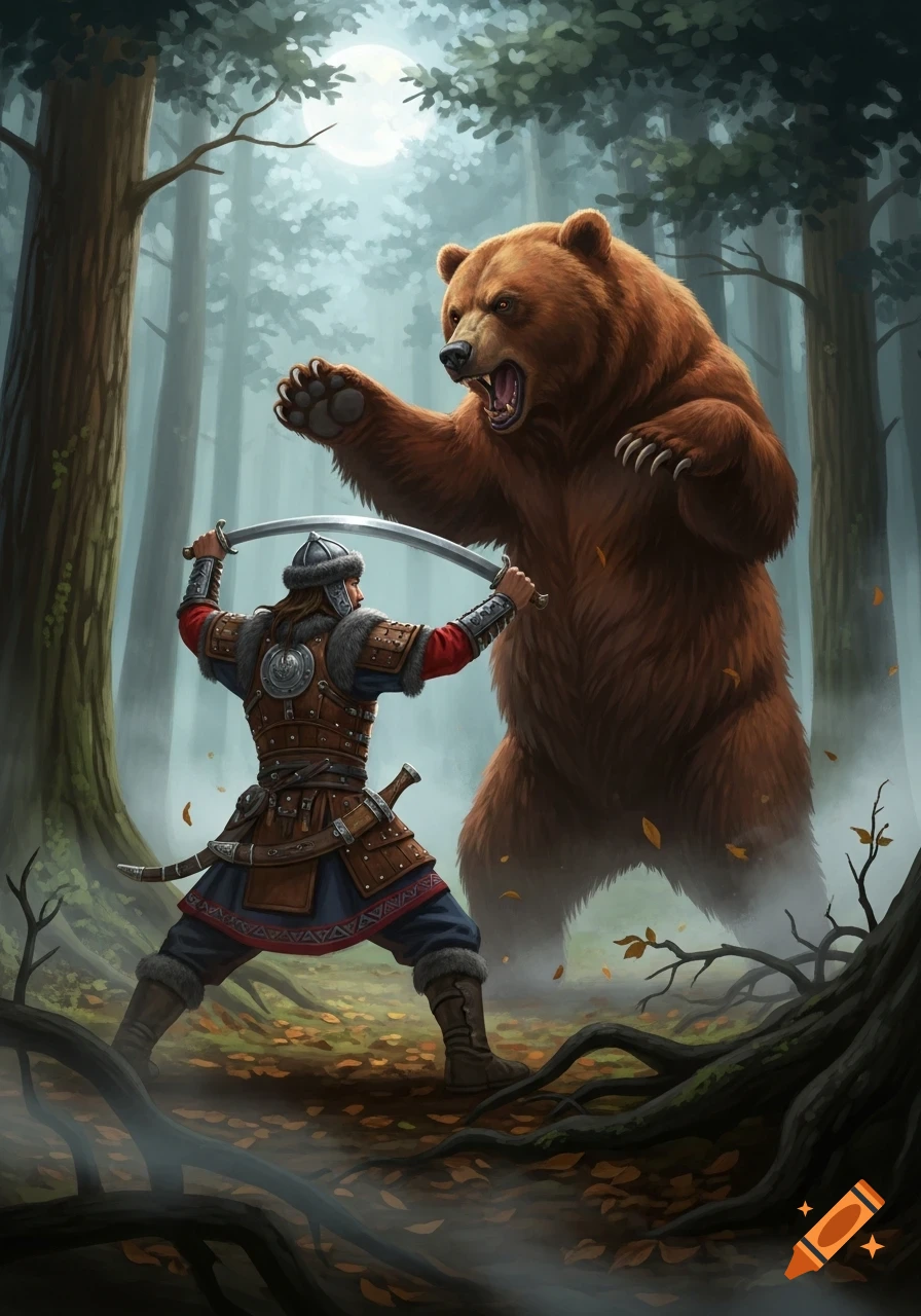 A warrior with a curved sword fights a roaring brown bear in a moonlit forest. Fantasy digital art.