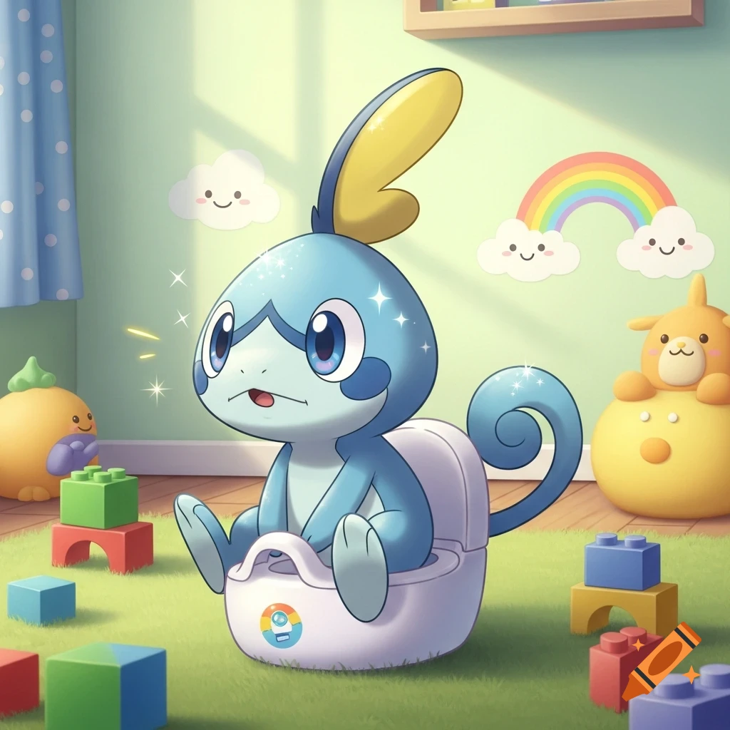 Blue Sobble Pokémon sits on a white potty in a brightly lit child's room with colorful blocks and toys.