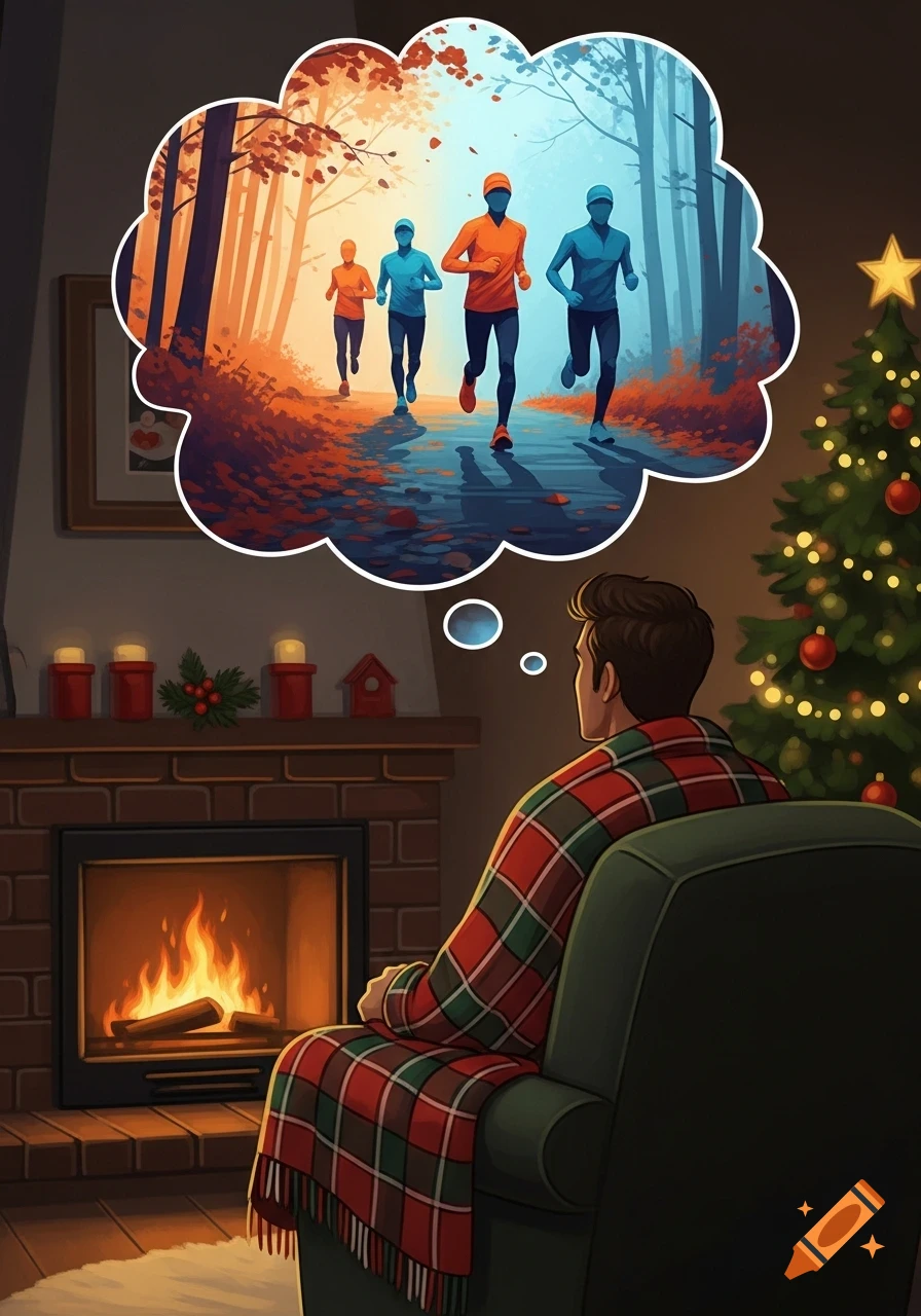A man in a plaid blanket sits by a fireplace with a Christmas tree, dreaming of four runners on a path in an autumn forest.