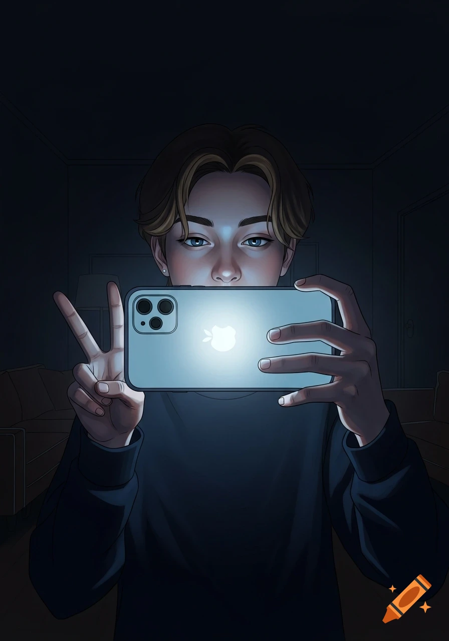 Stylized art of a person taking a selfie in a dark room, holding a glowing smartphone and making a peace sign.