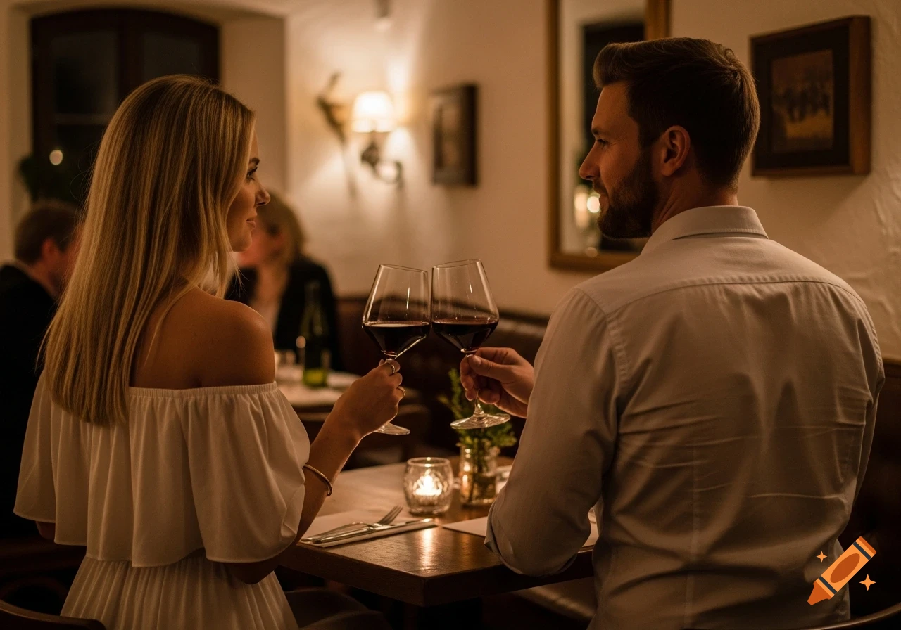 A couple toasts with red wine in a cozy restaurant, seen from behind and the side.