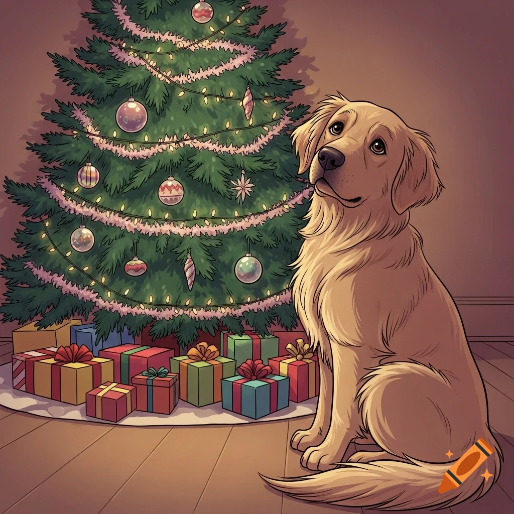 An illustrated golden retriever sits in front of a decorated Christmas tree with many wrapped presents.