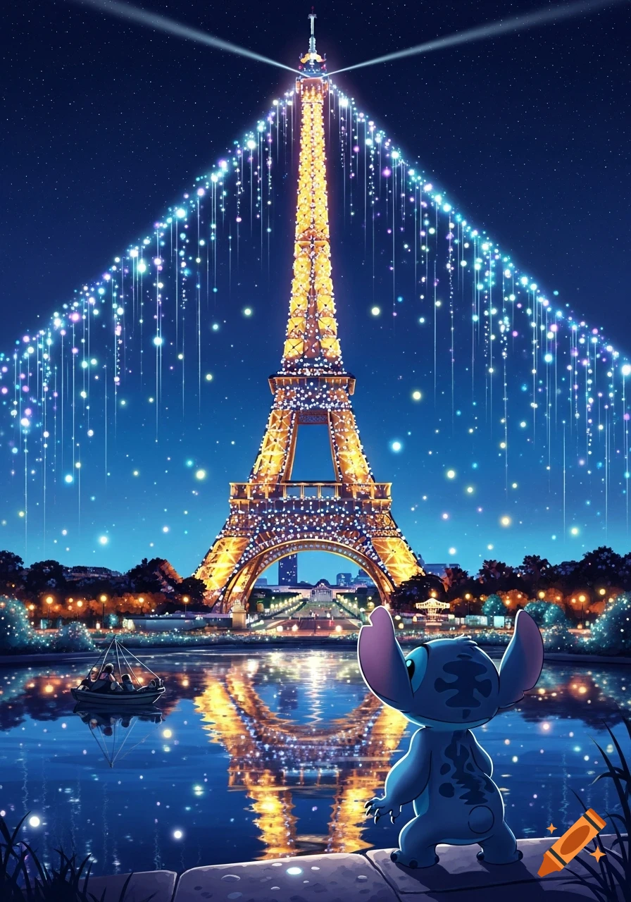 Stitch stands by water, looking at the brightly lit Eiffel Tower sparkling with lights against a dark night sky.