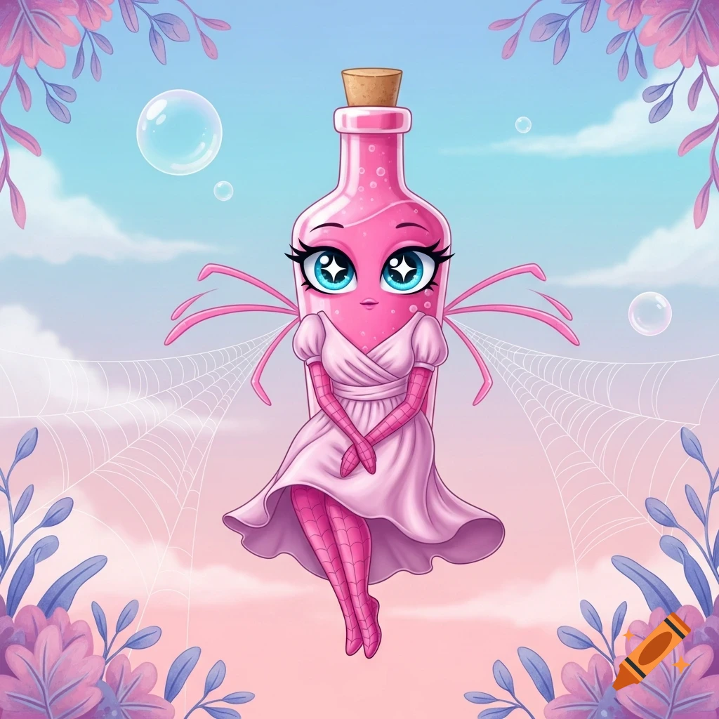 A whimsical pink bottle character with big blue eyes, a pink dress, spider legs, and wings floats in a dreamy sky with webs and floral borders.