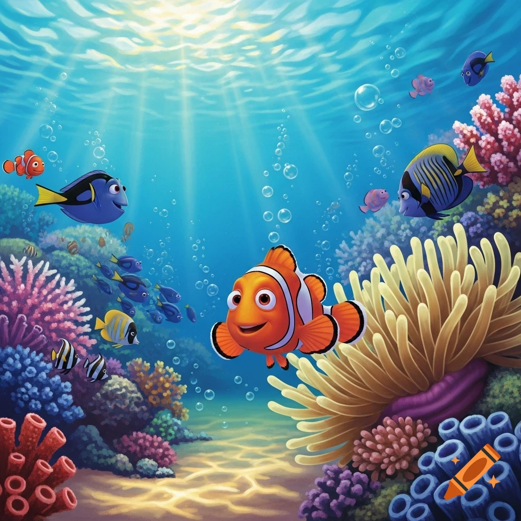 A vibrant cartoon underwater scene with a smiling orange clownfish and blue tang swimming among colorful coral and other fish.