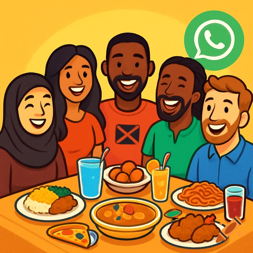 Cartoon of five diverse friends laughing around a table with various international foods and drinks, WhatsApp logo in corner.