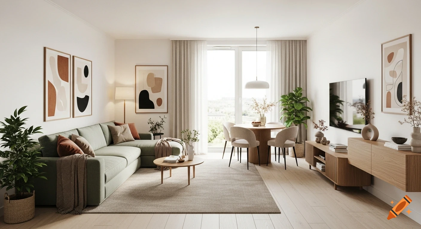 A bright, modern Japandi-style living and dining room with a sage green L-sofa, round dining table, wood TV unit, and abstract art.