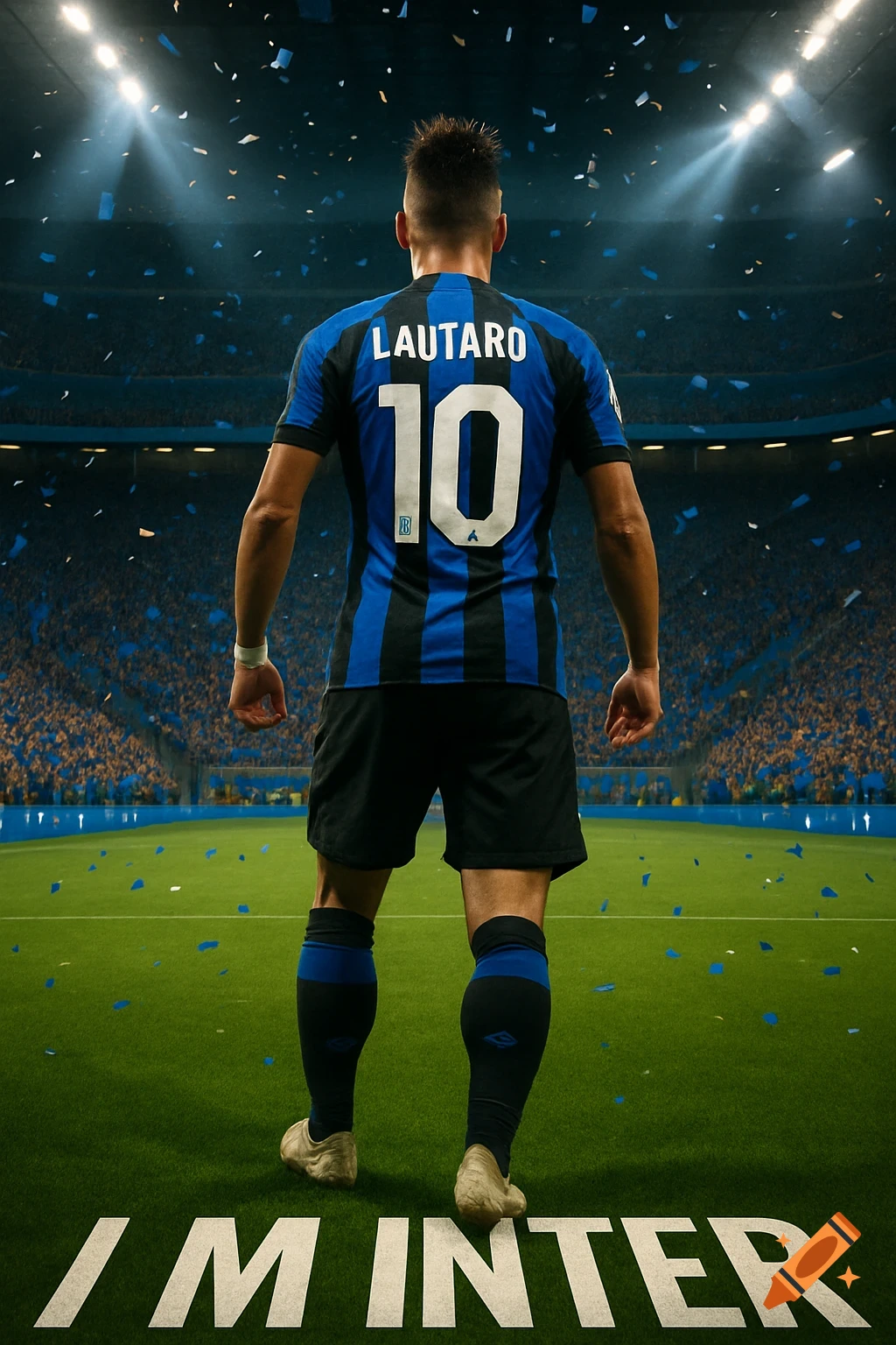 A photorealistic image of soccer player Lautaro (number 10) in a blue and black uniform, seen from behind on a green field in a crowded stadium. "I M INTER" is written on the field.