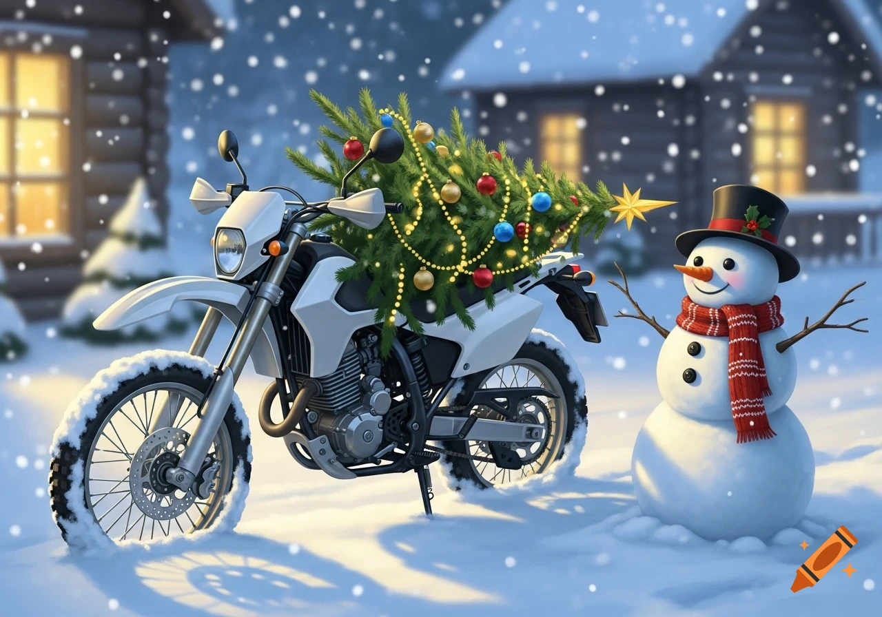 A white dirt bike carrying a decorated Christmas tree next to a snowman in a snowy winter scene with cabins.