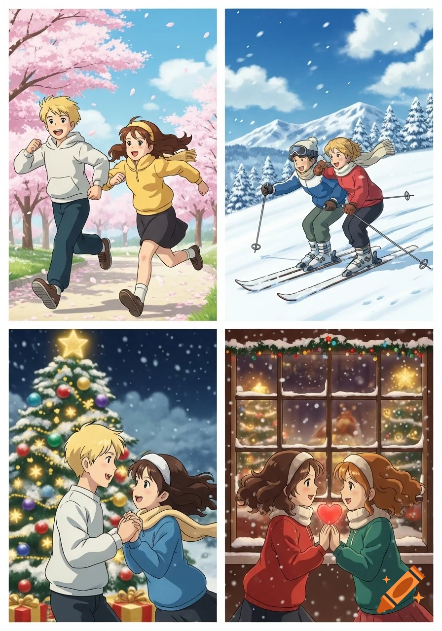 Four-panel anime illustration: a couple running in spring, skiing in winter, and celebrating Christmas. A separate panel shows two girls holding a heart by a snowy window.