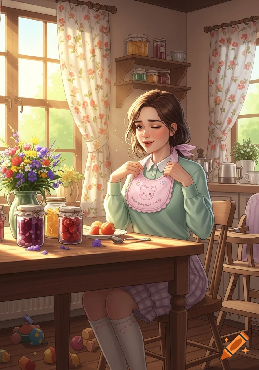Anime illustration of a winking woman in a sunny kitchen, holding a pink baby bib with a bear face on it.