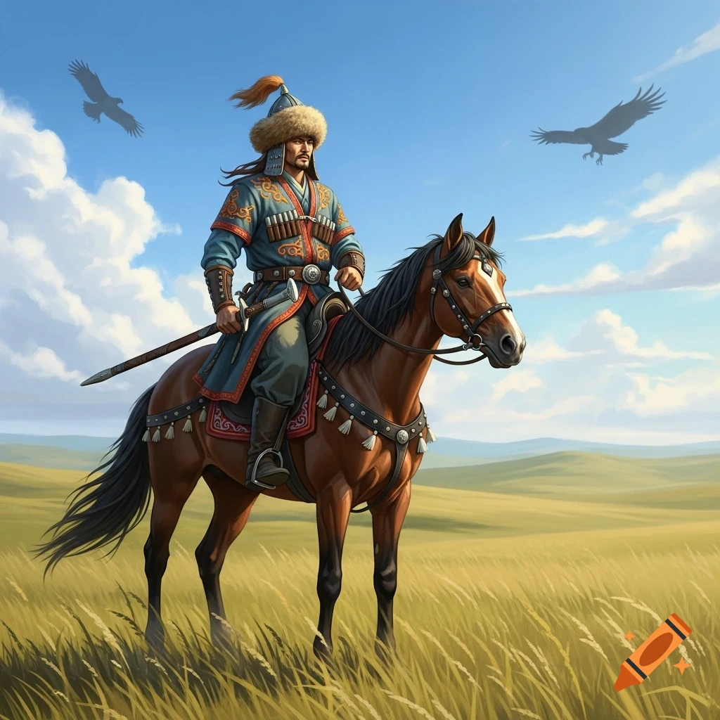 A man in traditional Central Asian attire rides a horse across a vast grassy steppe under a blue sky with two eagles flying above.