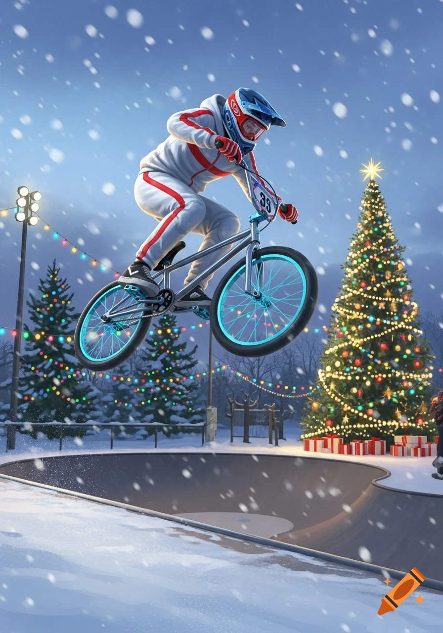 A BMX rider in a white and red suit jumps high over a snowy skate park, surrounded by decorated Christmas trees under falling snow at dusk.