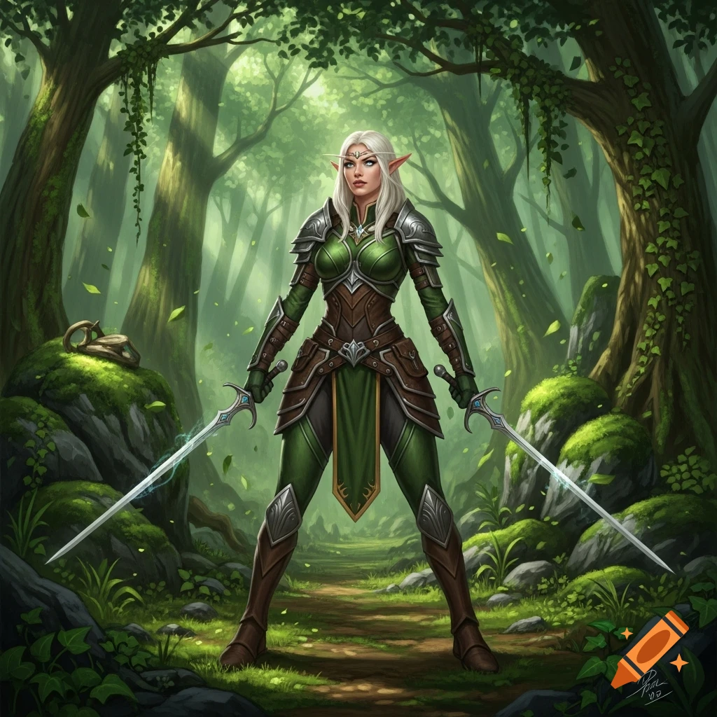 A realistic female elf warrior in green and brown armor stands with two glowing swords in a vibrant green forest.