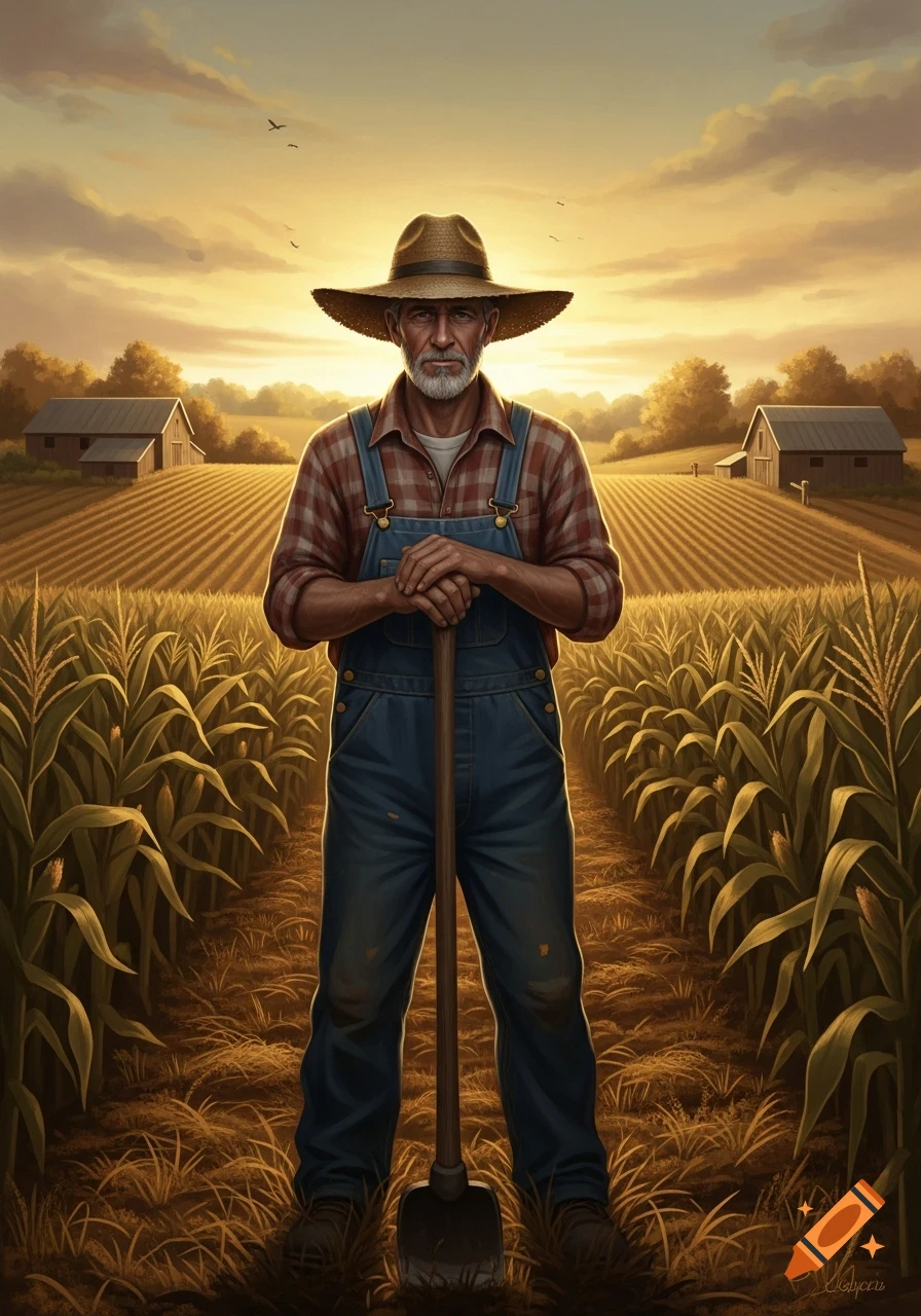 A stoic farmer with a straw hat and overalls stands in a cornfield, leaning on a shovel, at sunset.