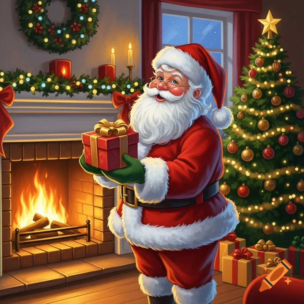 Smiling Santa Claus in a red suit holds a gift in a festive room with a roaring fireplace, decorated Christmas tree, and wreath.