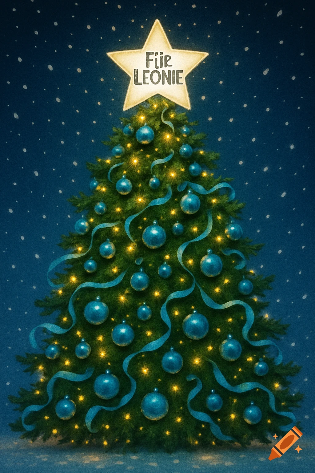A whimsical Christmas tree decorated with blue baubles, ribbons, and glowing lights, topped with a star reading "Für Leonie" against a snowy dark blue sky.