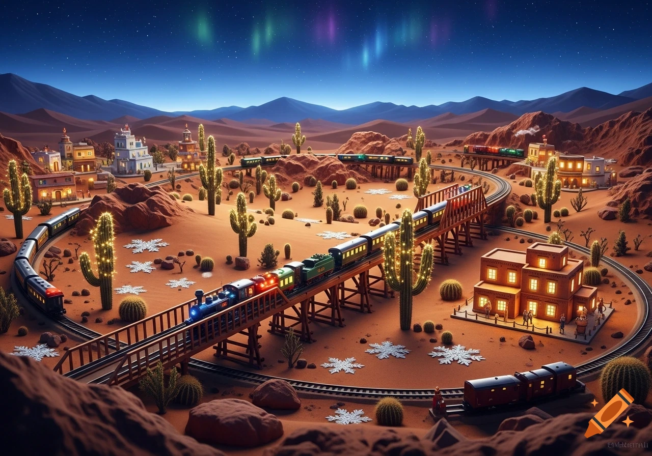 A miniature desert scene at night with model trains on tracks and bridges, small buildings, illuminated cactuses, and aurora lights in the sky.