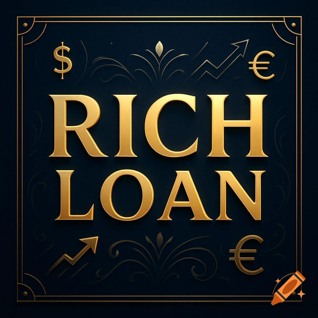 Golden text "RICH LOAN" on a dark blue background with ornate gold borders, dollar, euro, and rising graph symbols, in a luxury style.