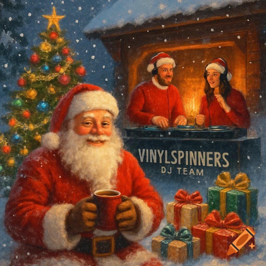 Santa Claus in the snow holds a mug, with Christmas gifts and a tree nearby, as two DJs in Santa hats play music.