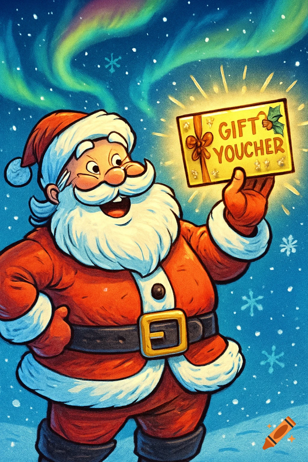 Cartoon illustration of Santa Claus holding a glowing gift voucher under the Northern Lights with snowflakes.