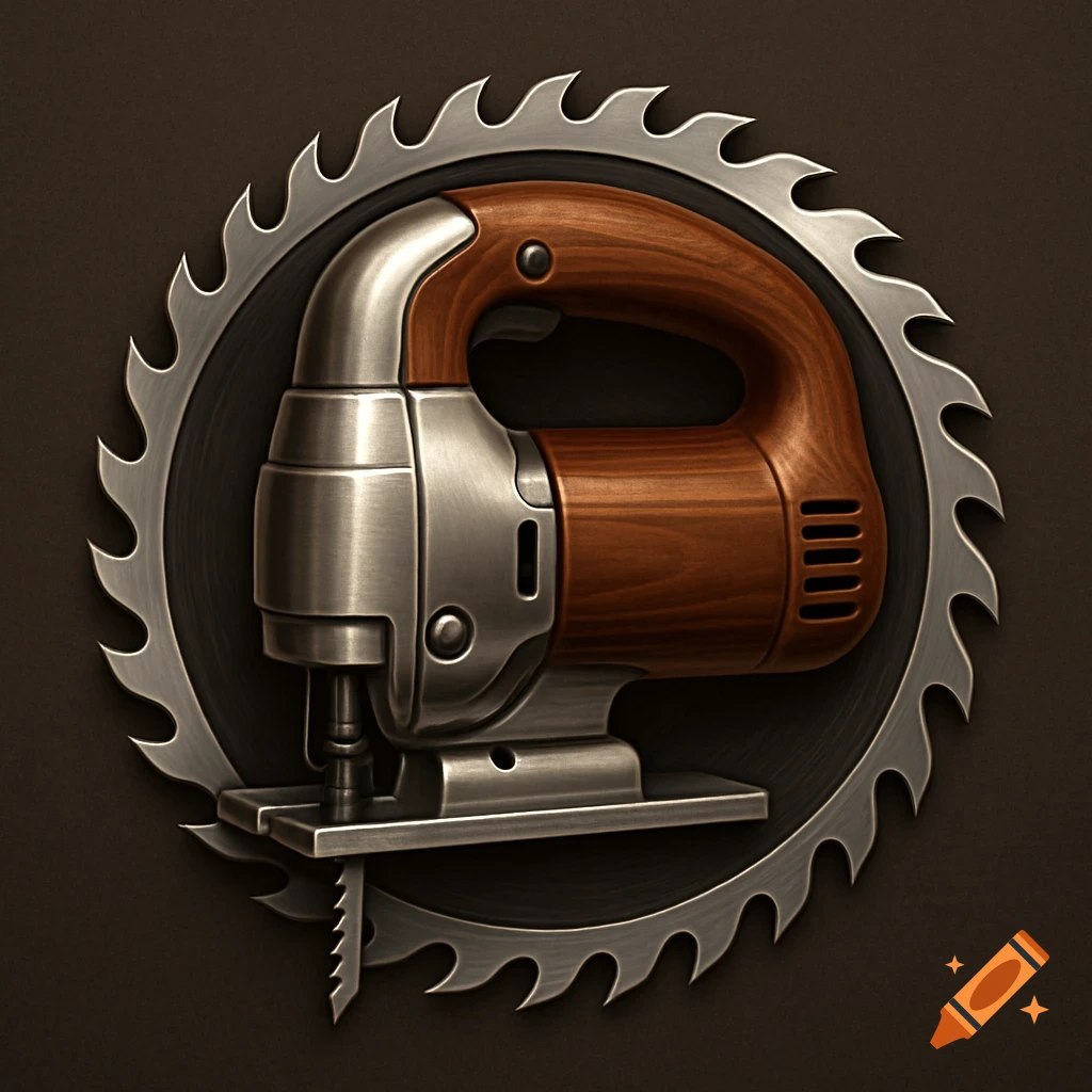An icon featuring a detailed metal and wood jigsaw, centered on a circular saw blade, on a dark background.