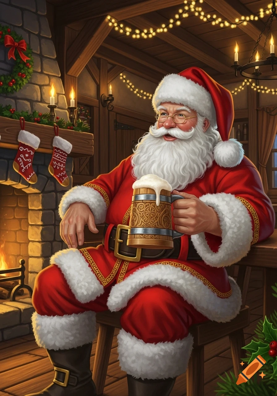 Santa Claus in a red suit with a white beard sits by a fireplace, holding a foamy tankard in a rustic, Christmas-decorated room.