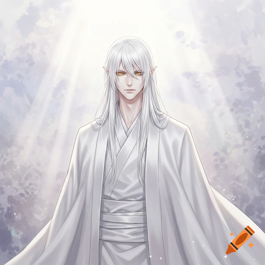 An albino man with long white hair, golden eyes, and pointy ears wears a white robe, standing under rays of light.