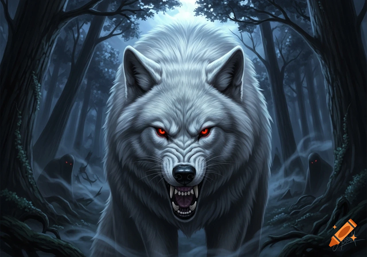 A fierce white wolf with glowing red eyes snarls menacingly in a dark ...
