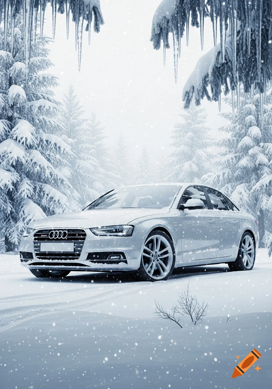 A white Audi sedan car is parked on a snow-covered road amidst a wintry forest with snow-laden pine trees and icicles.