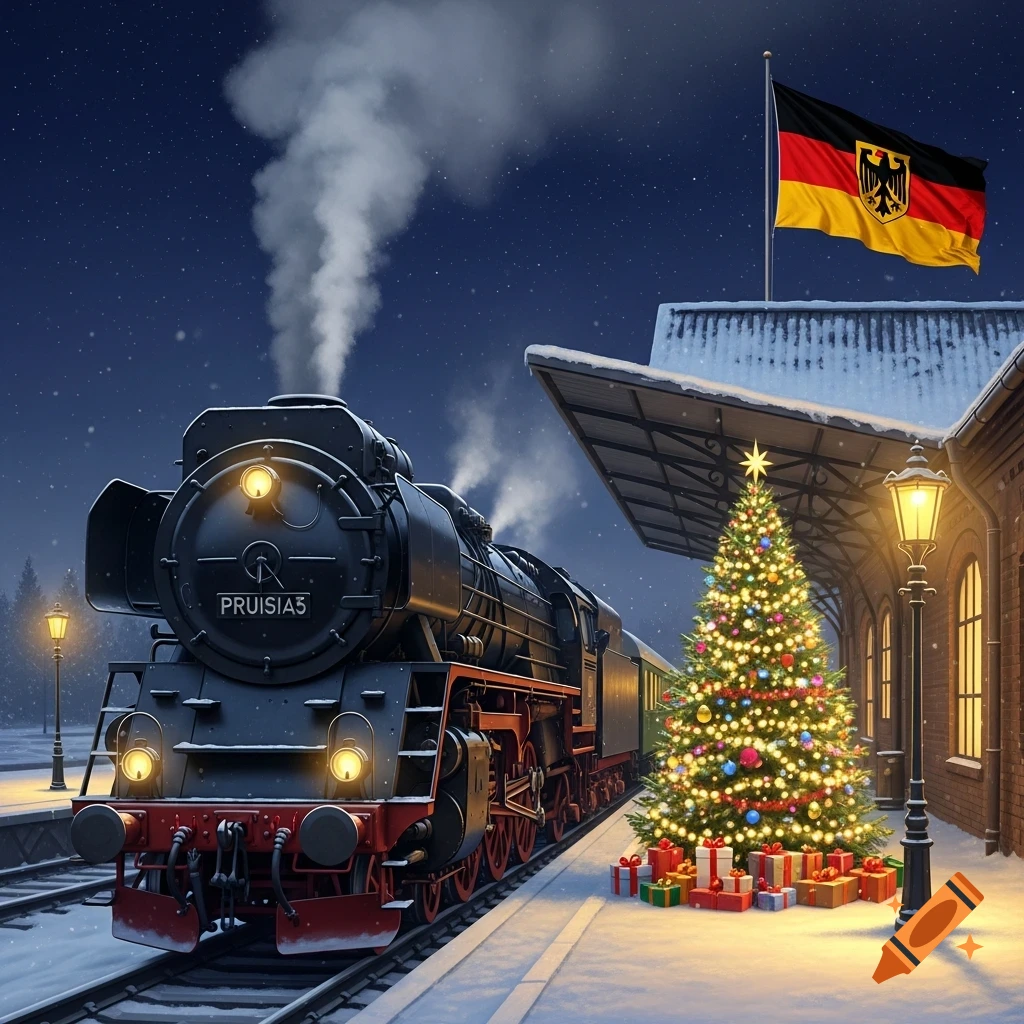 A black steam locomotive at a snowy train station, adorned with a festive Christmas tree and gifts. A German flag flies under a starry winter sky.