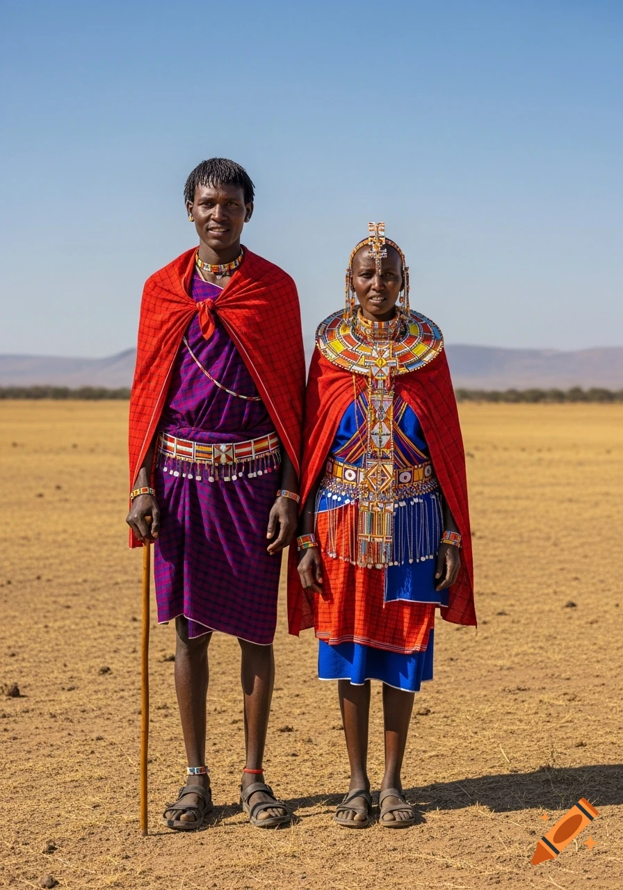 Two Samburu people in traditional beaded clothing stand side by side in a semi-arid landscape under a clear sky.