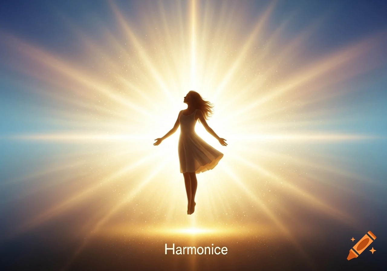 Silhouette of a woman in a dress floating amidst radiant golden light and sparkling particles against a blue sky, with the word "Harmonice" below.