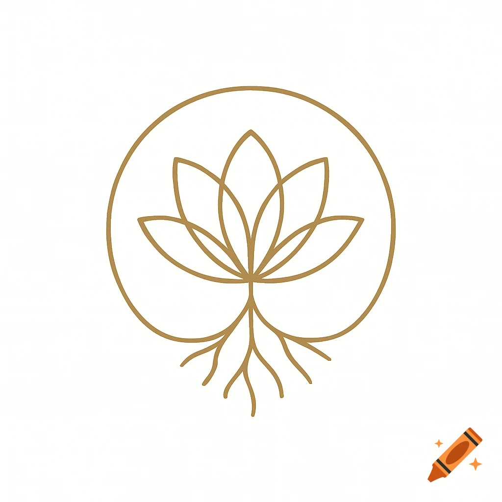 Minimalist warm gold line art logo of a symmetrical lotus flower with roots in a circular frame on a white background.