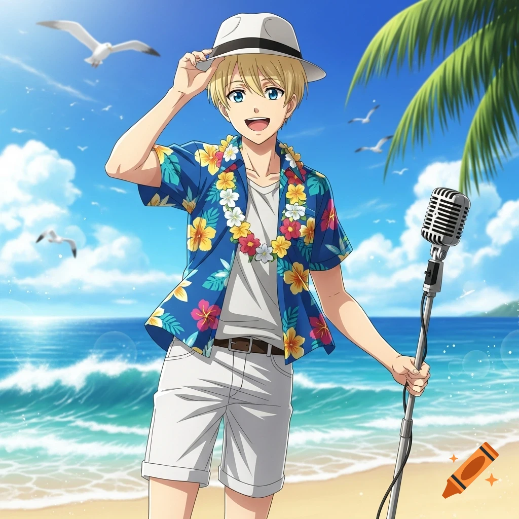 An anime boy in a blue Hawaiian shirt, white shorts, and a fedora stands on a sunny beach, holding a microphone. Seagulls fly over the ocean.