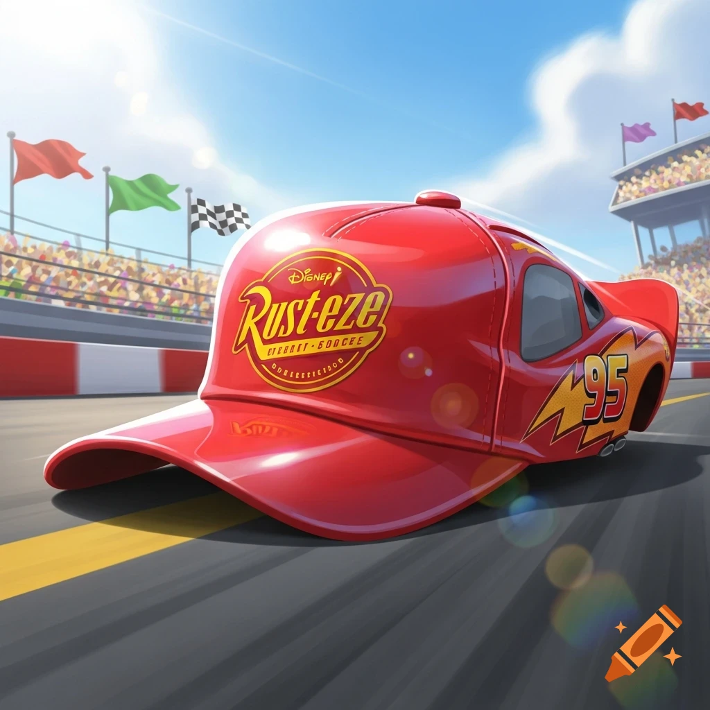 A shiny red baseball cap stylized as Lightning McQueen, featuring the Rust-eze logo and number 95, sits on a race track under a bright sky.