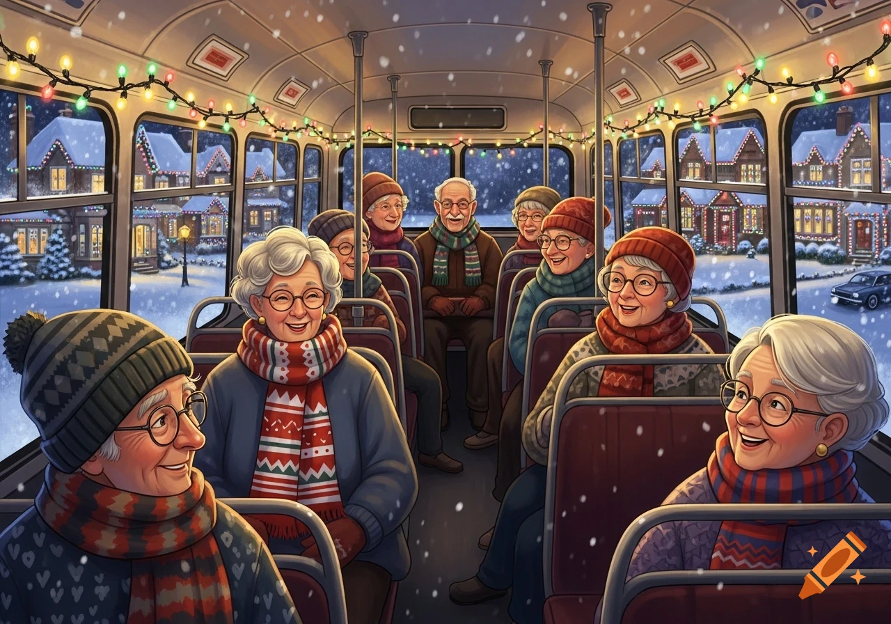 Illustration of smiling seniors on a Christmas light tour in a bus decorated with fairy lights, snow falling outside.