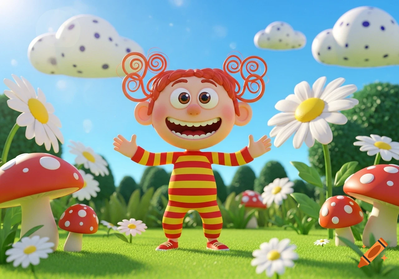 A cheerful 3D cartoon character with red curly hair and a striped outfit stands in a sunny meadow with daisies and red-spotted mushrooms.