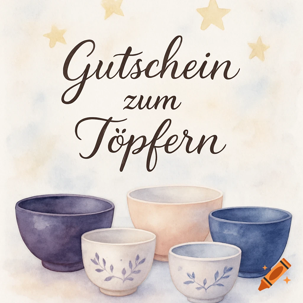 Watercolor gift certificate with German text "Gutschein zum Töpfern" (Gift certificate for pottery), featuring various bowls and subtle stars.