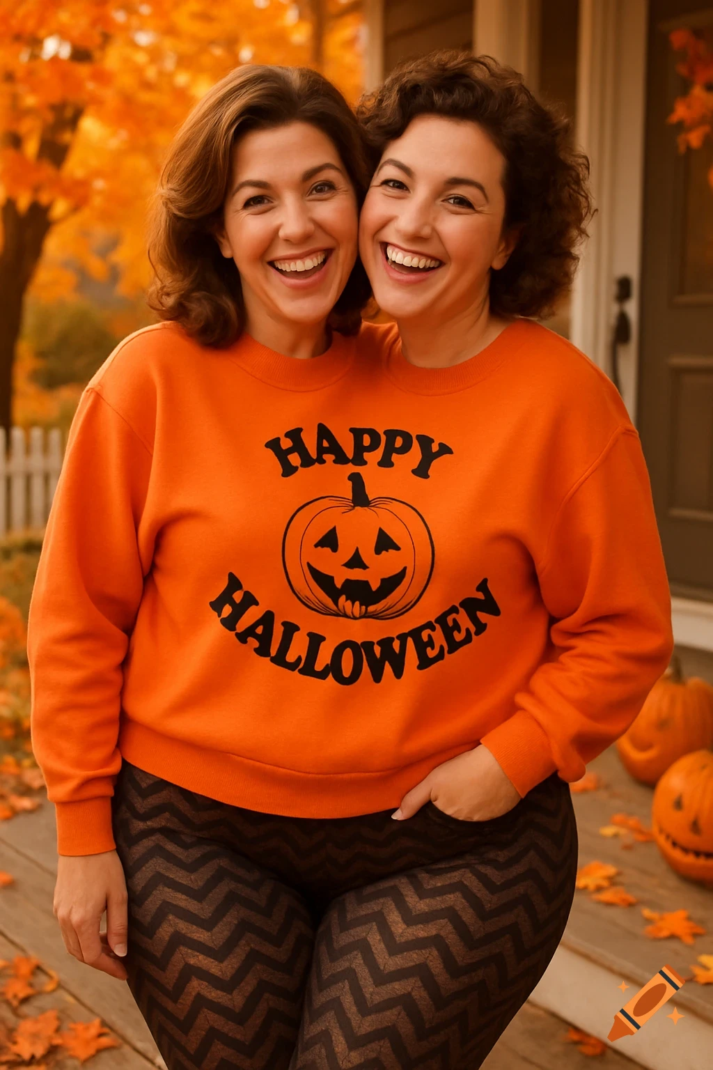 Two smiling women, appearing to share one body, wear an orange "Happy Halloween" sweatshirt and patterned tights on a fall porch.