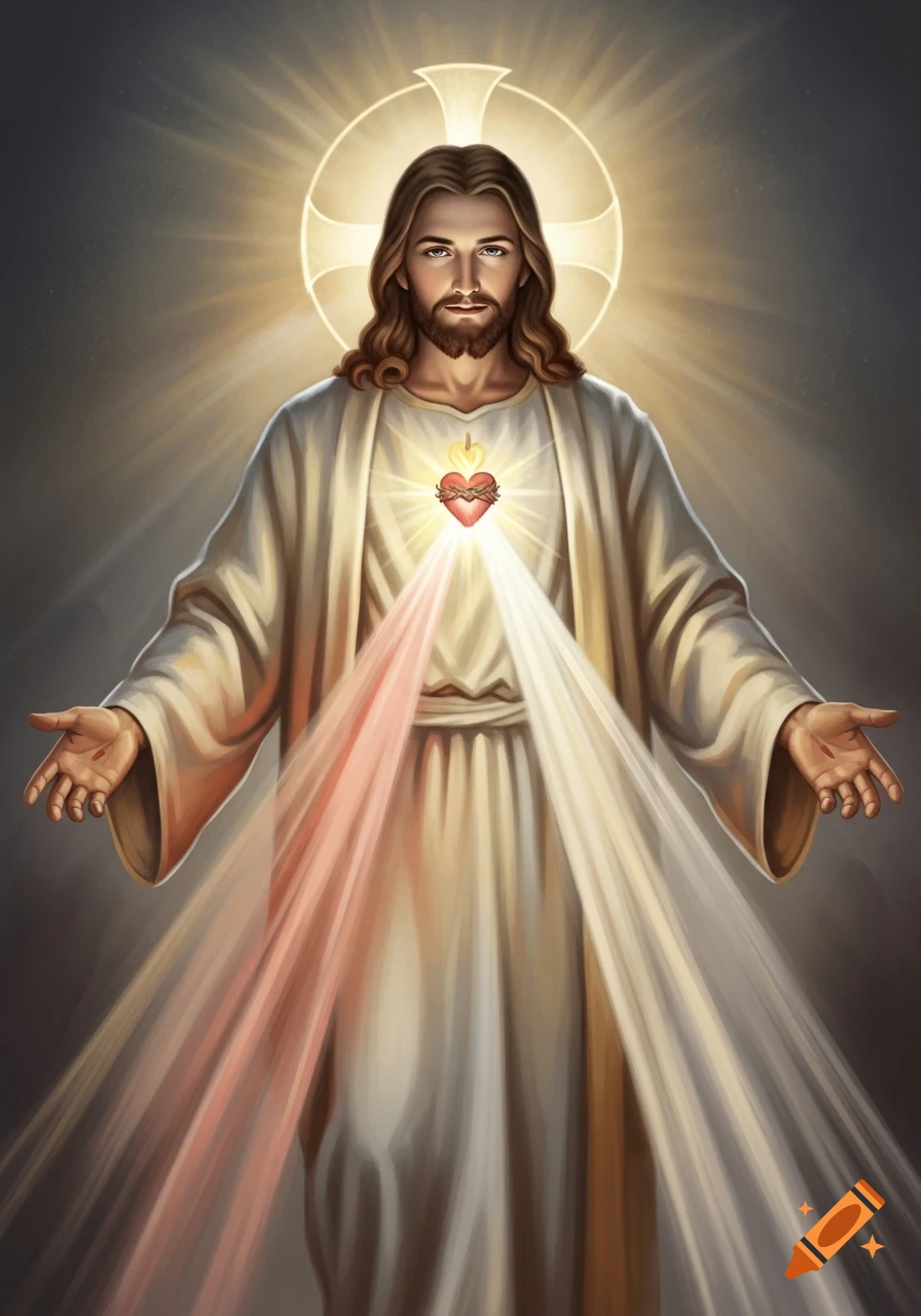 Jesus Christ with a halo and sacred heart, standing with arms outstretched and palms open, emitting red and white light, looking directly forward.