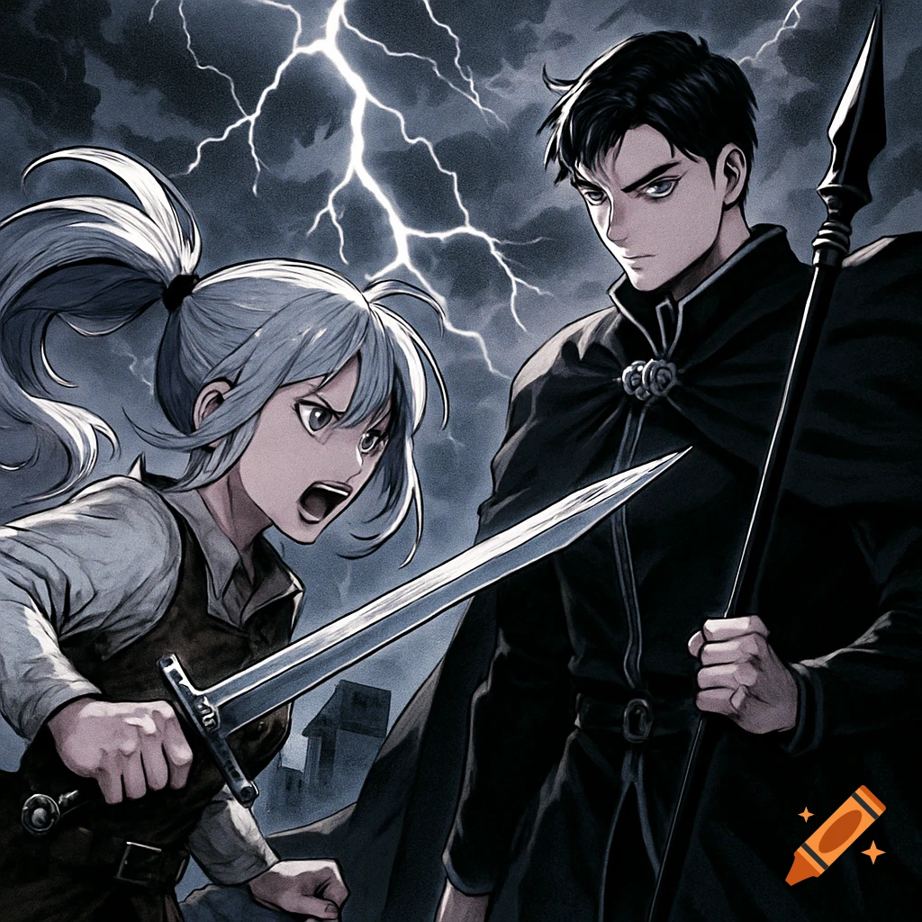 Manhwa style illustration of a silver-haired girl with a sword and a dark-clothed man with a spear under a lightning storm.
