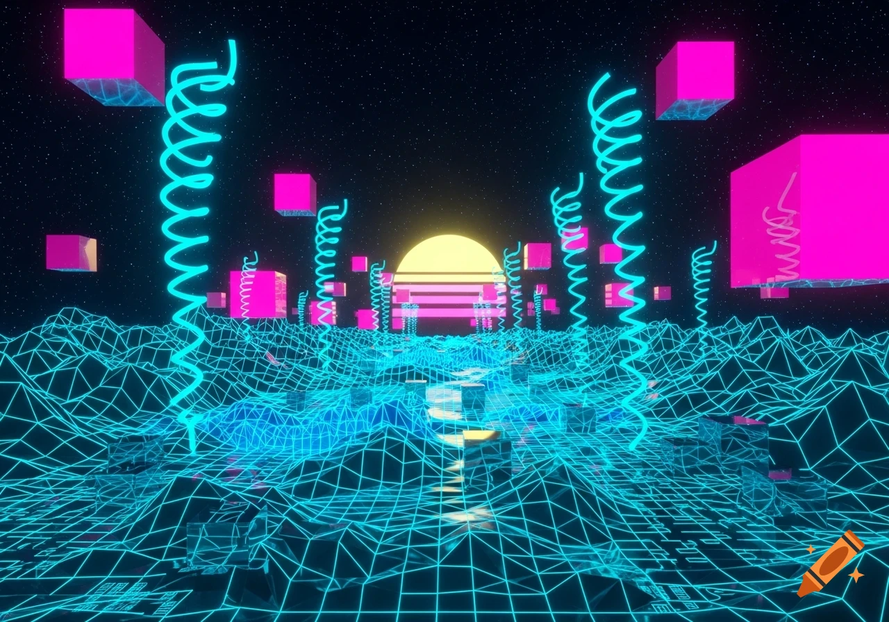 A retro 3D cyberspace scene with a neon blue grid landscape, pink floating cubes, glowing spiral structures, and a yellow sun with horizontal bars.